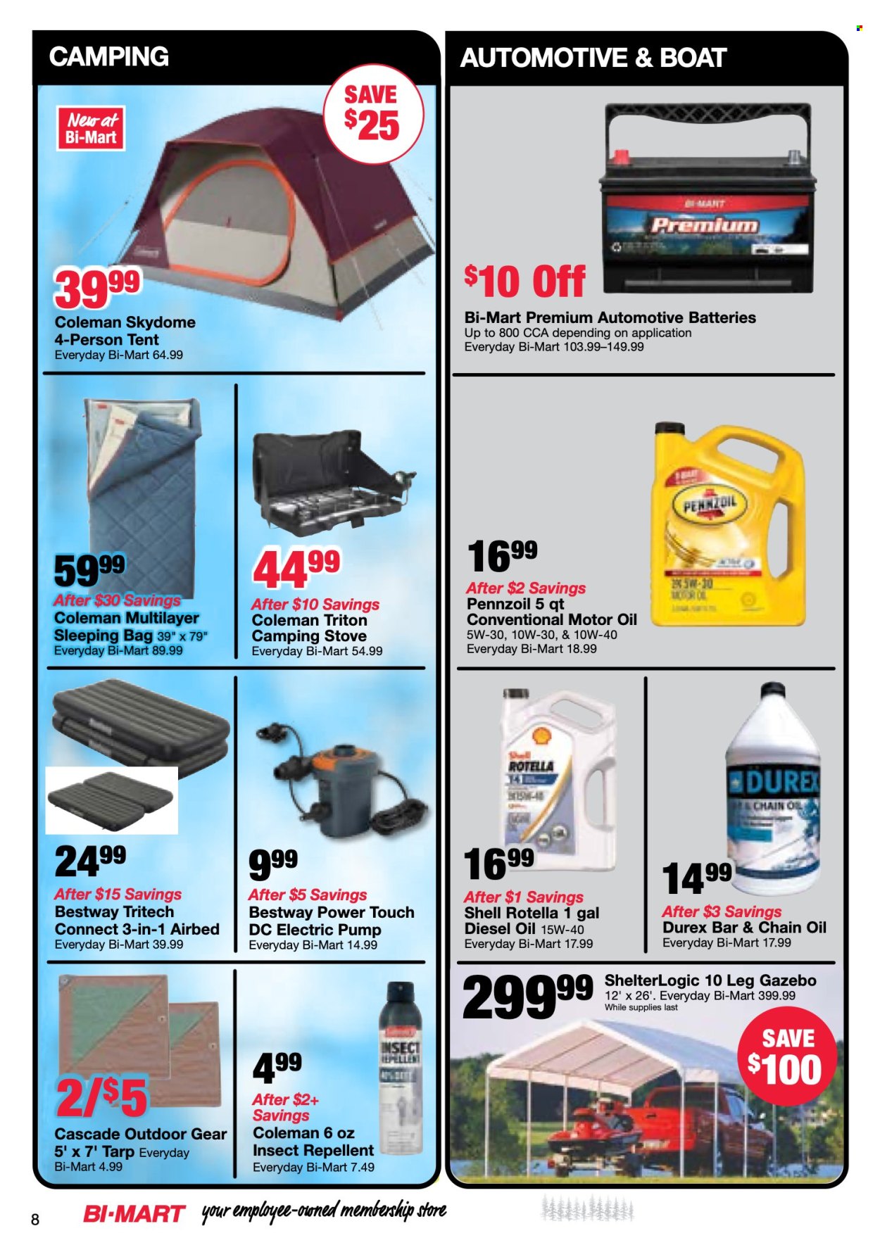 thumbnail - Bi-Mart Flyer - 04/23/2024 - 05/06/2024 - Sales products - airbed, Cascade, repellent, battery, boat, stove, gazebo, automotive batteries, motor oil, Rotella, Shell, diesel oil, Pennzoil. Page 8.