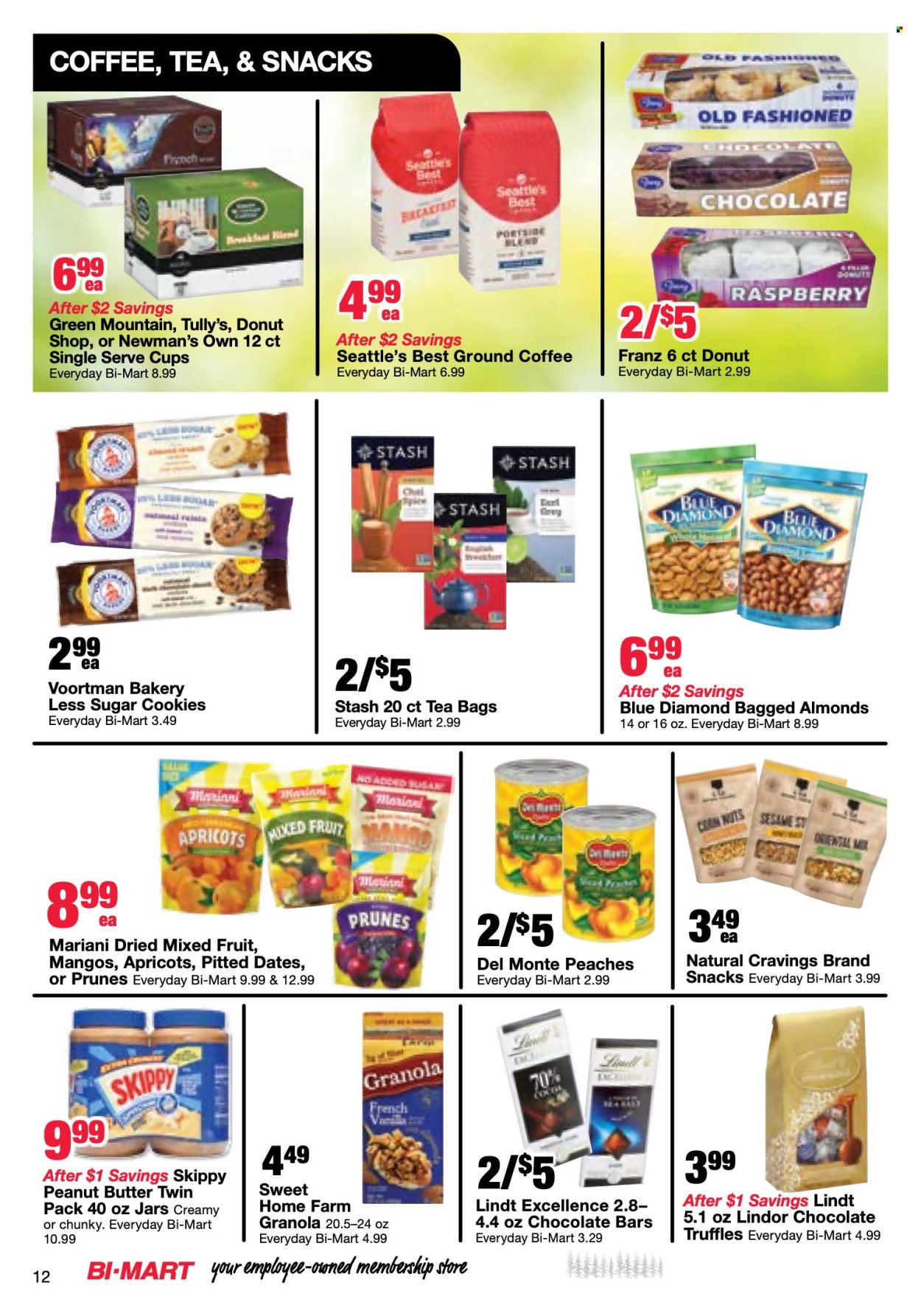 thumbnail - Bi-Mart Flyer - 04/23/2024 - 05/06/2024 - Sales products - mango, apricots, peaches, snack, cookies, Lindt, Lindor, truffles, chocolate bar, Del Monte, granola, almonds, prunes, dried fruit, dried dates, Blue Diamond, tea bags, coffee, ground coffee, Green Mountain, cup, jar. Page 12.