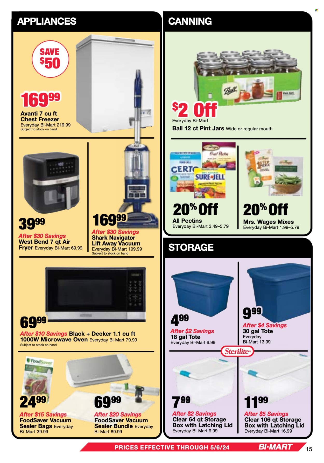 thumbnail - Bi-Mart Flyer - 04/23/2024 - 05/06/2024 - Sales products - storage box, tote, Sure, vacuum sealer, jar, gps navigation, Black & Decker, air fryer. Page 15.