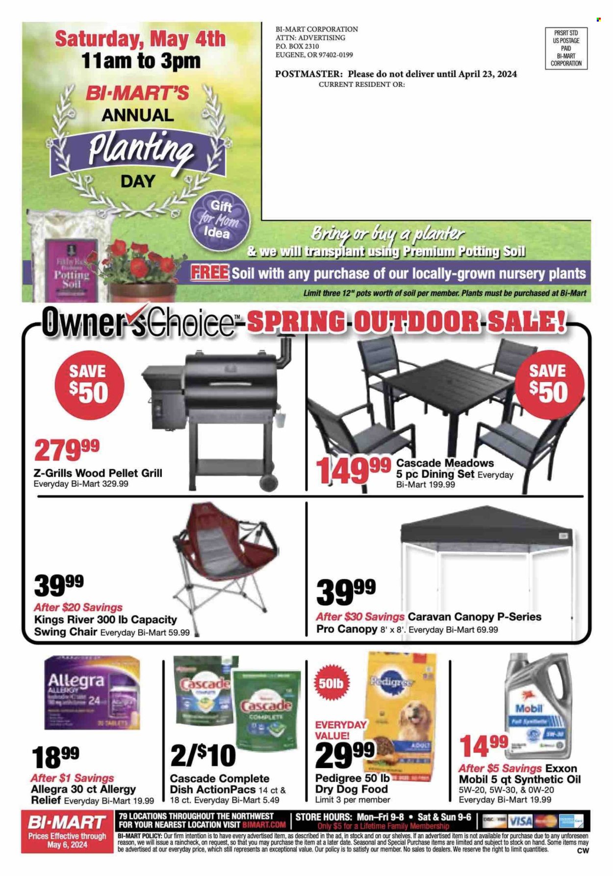 thumbnail - Bi-Mart Flyer - 04/23/2024 - 05/06/2024 - Sales products - dining set, chair, shelves, oil, Cascade, pot, animal food, dog food, Pedigree, dry dog food, grill, pellet grill, plant pot, Mobil, allergy relief, allergy control. Page 16.