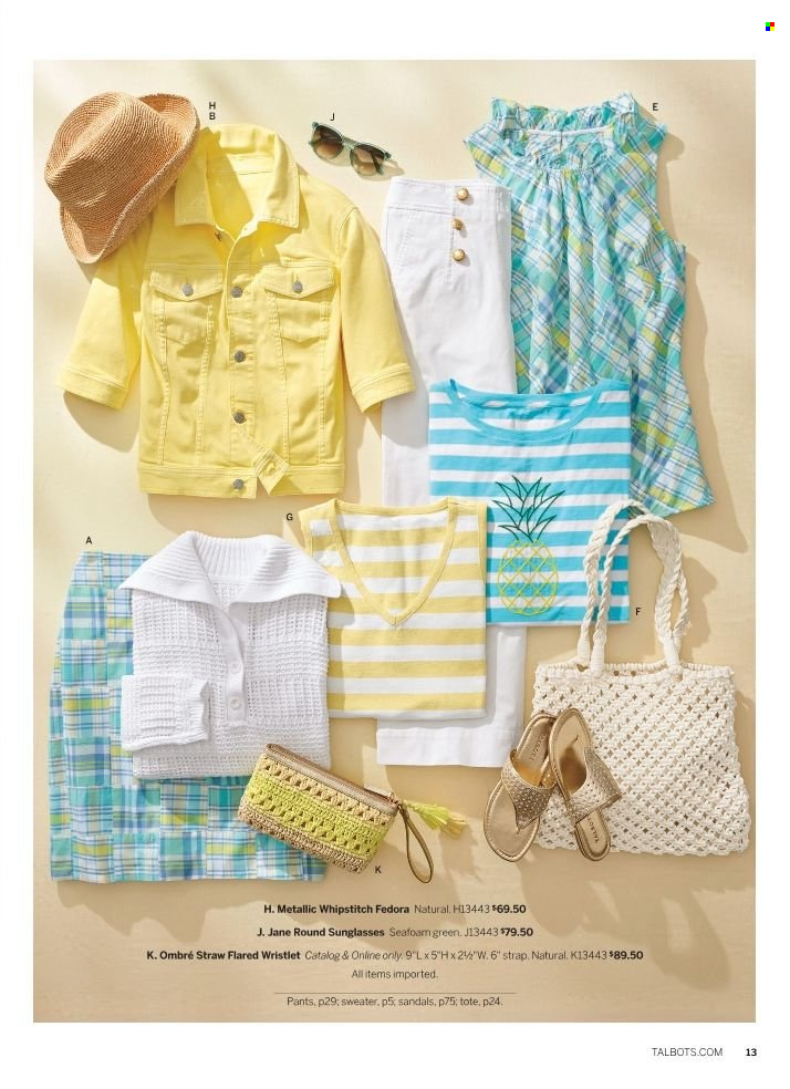 thumbnail - Talbots Flyer - 05/01/2024 - 05/31/2024 - Sales products - sandals, pants, sweater, tote, sunglasses. Page 13.