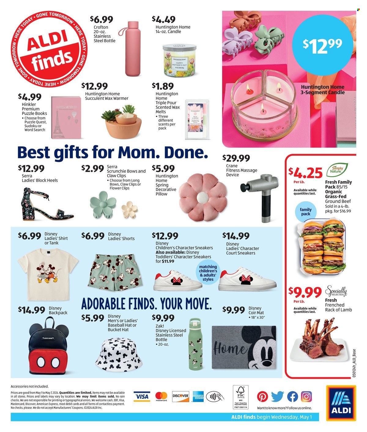 thumbnail - ALDI Flyer - 05/01/2024 - 05/07/2024 - Sales products - steel bottle, travel bottle, candle, puzzle book, aroma lamp, succulent, wax melts, heels, hair accessories, pillow, massager, Disney, tank, shirt, shorts, sneakers, backpack, hat, bucket hat, baseball cap, door mat, Nature Fresh, beef meat, ground beef, lamb meat, rack of lamb. Page 2.
