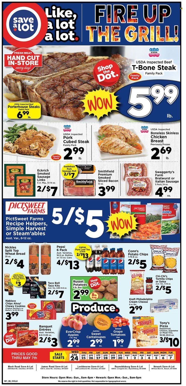 thumbnail - Save a Lot Flyer - 04/24/2024 - 05/07/2024 - Sales products - marinated meat, bread, sausage rolls, wheat bread, Old El Paso, beans, russet potatoes, cod, pizza, Kraft®, ready meal, chicken breasts, bratwurst, smoked sausage, pork sausage, italian sausage, cream cheese, Philadelphia, Reese's, Hershey's, cookies, Chips Ahoy!, Nabisco, tortilla chips, potato chips, Pepsi, Lipton, ice tea, soft drink, carbonated soft drink, Pure Leaf, chicken, beef meat, beef steak, t-bone steak, steak, portehouse steak. Page 1.