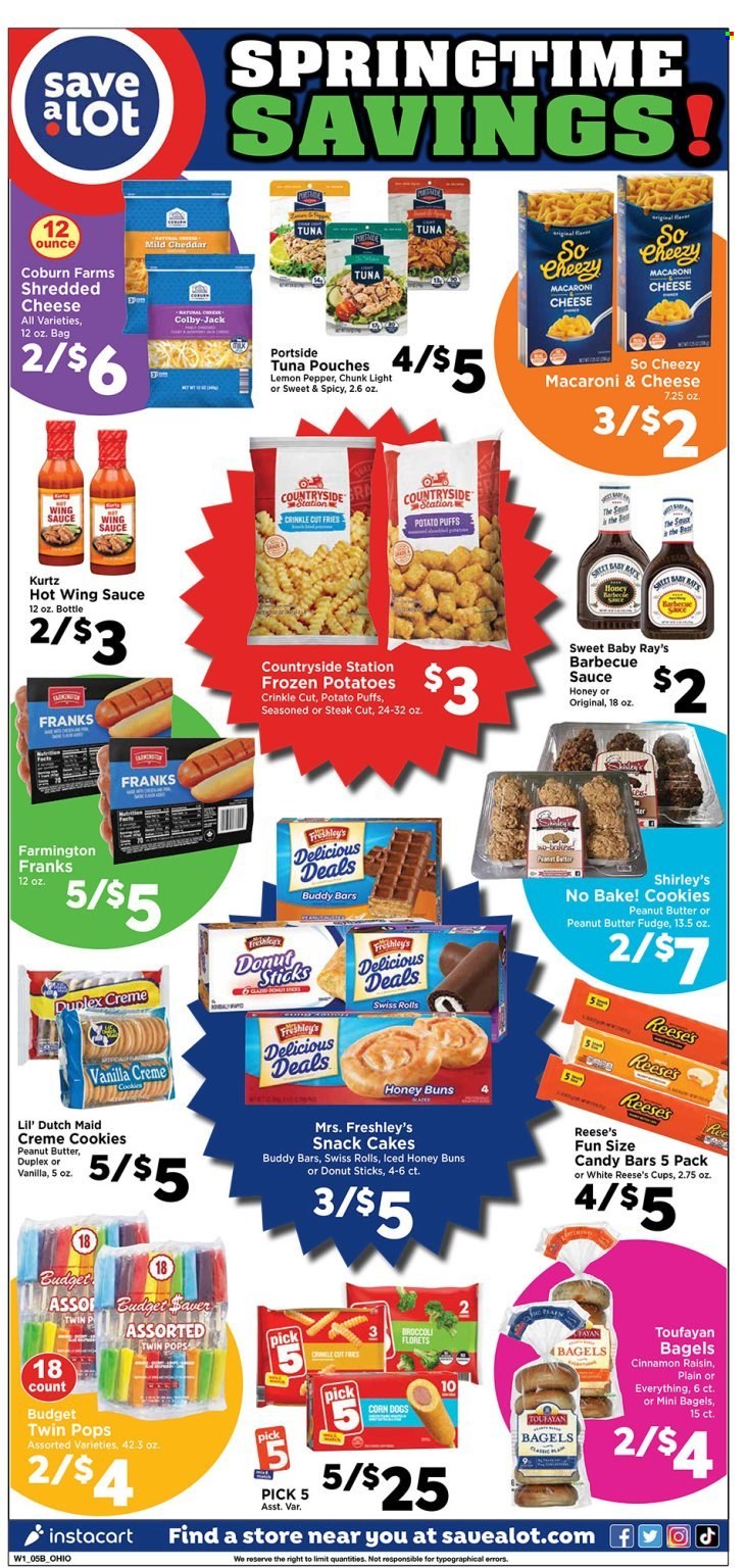 thumbnail - Save a Lot Flyer - 04/24/2024 - 05/07/2024 - Sales products - bagels, buns, puffs, donut, broccoli, potatoes, tuna, macaroni & cheese, pasta, ready meal, frankfurters, Colby cheese, mild cheddar, shredded cheese, Reese's, potato fries, crinkle fries, cookies, fudge, snack cake, candy bar, sweets, bars, BBQ sauce, wing sauce, steak, sauce. Page 2.