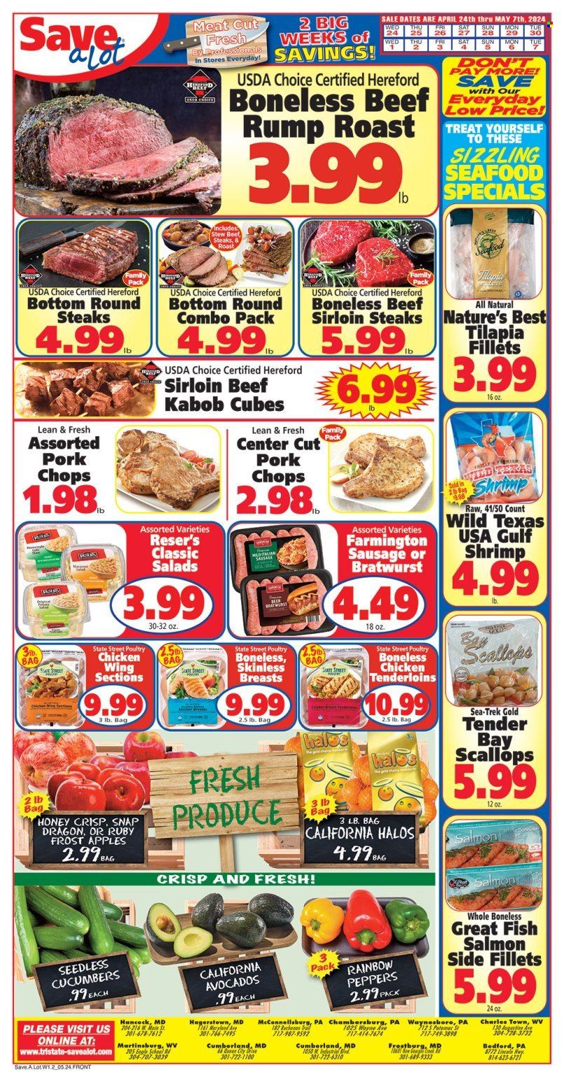 thumbnail - Save a Lot Flyer - 04/24/2024 - 05/07/2024 - Sales products - cucumber, salad, peppers, avocado, fish fillets, salmon, scallops, tilapia, seafood, fish, shrimps, chicken tenders, roast, bratwurst, beef meat, beef sirloin, steak, sirloin steak, pork chops, pork meat. Page 1.
