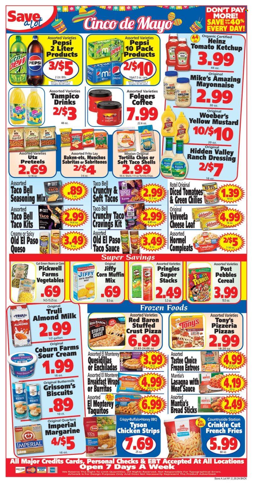 thumbnail - Save a Lot Flyer - 04/24/2024 - 05/07/2024 - Sales products - pretzels, Old El Paso, tacos, wraps, corn muffin, muffin mix, green beans, seafood, shrimps, enchiladas, pizza, burrito, chicken strips, lasagna meal, taquitos, Hormel, ready meal, plant based product, Velveeta, almond milk, plant-based milk, margarine, ranch dressing, strips, potato fries, french fries, Red Baron, biscuit, bread sticks, tortilla chips, Pringles, chips, salty snack, baking mix, Heinz, diced tomatoes, cereals, spice, seasoning, mustard, taco sauce, ketchup, dressing, honey, Pepsi, soft drink, fruit punch, carbonated soft drink, coffee, Folgers. Page 2.