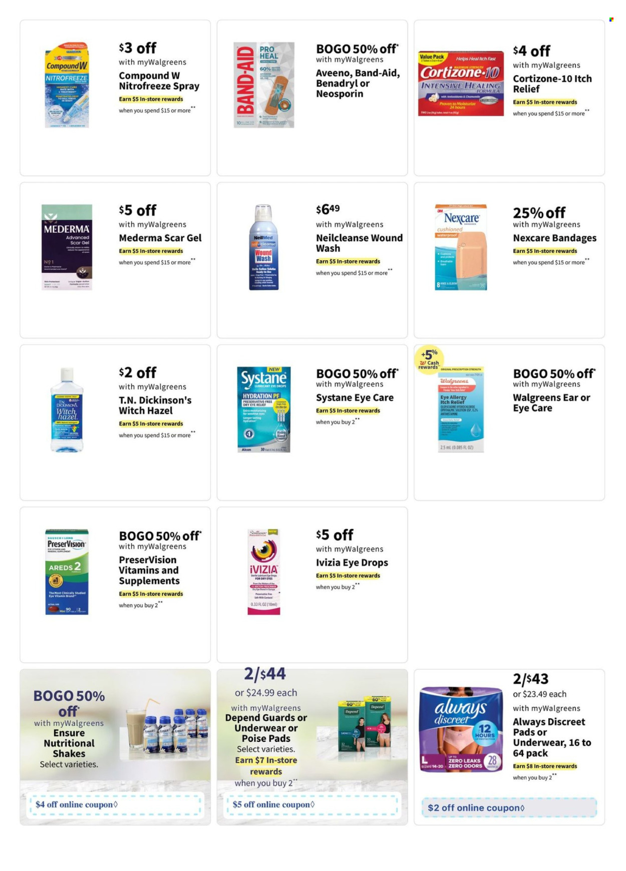thumbnail - Walgreens Flyer - 04/28/2024 - 05/04/2024 - Sales products - shake, probiotic drink, Aveeno, pads, Always pads, sanitary pads, Always Discreet, Always Underwear, Poise, lubricant, Neosporin, Systane, eye drops, nutritional supplement, dietary supplement, Benadryl, allergy control, Cortizone, vitamins, plaster, incontinence care. Page 9.