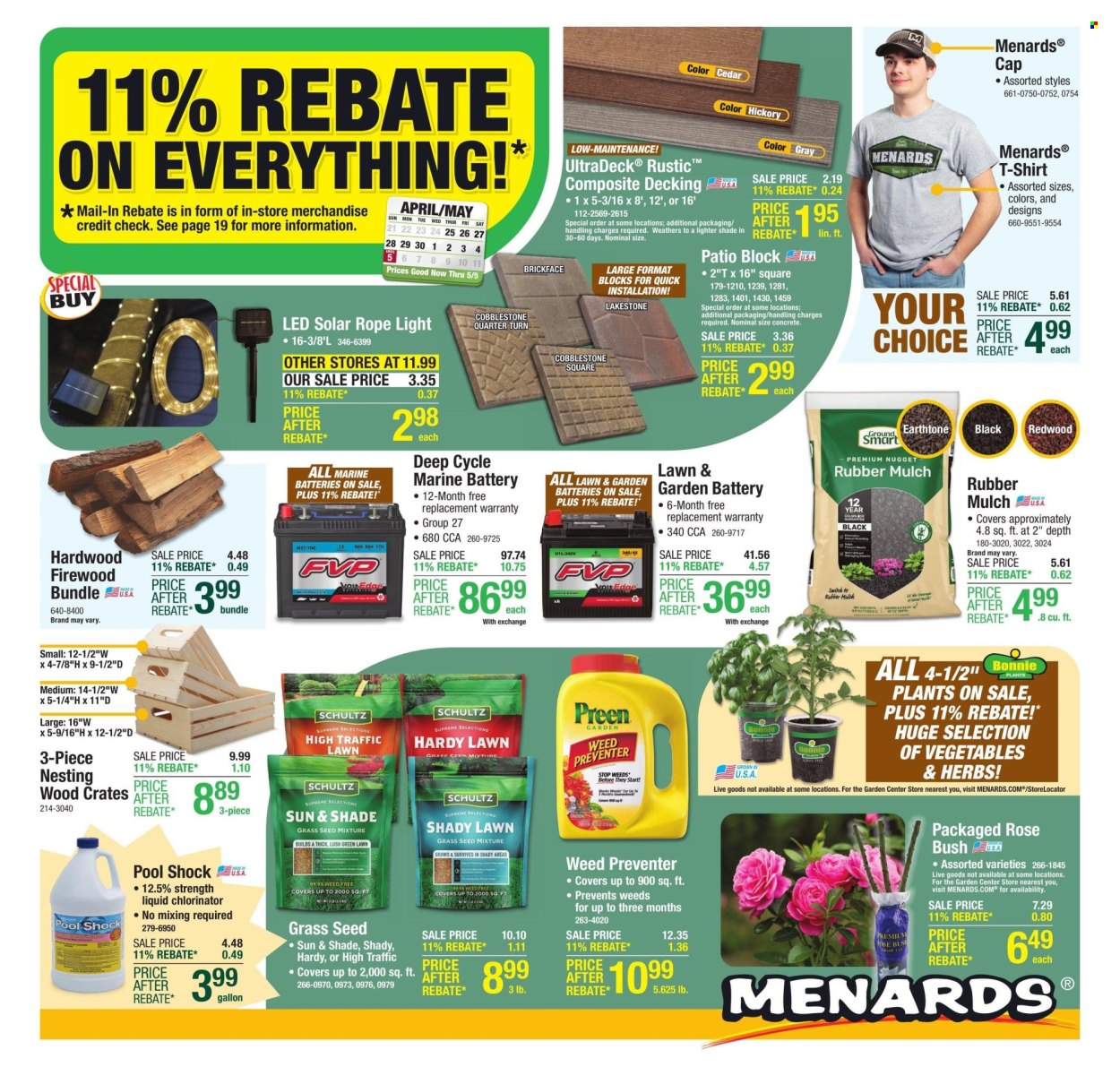 thumbnail - Menards Flyer - 04/25/2024 - 05/05/2024 - Sales products - switch, t-shirt, cap, rope light, decking, pool, rose, grass seed, garden mulch. Page 1.