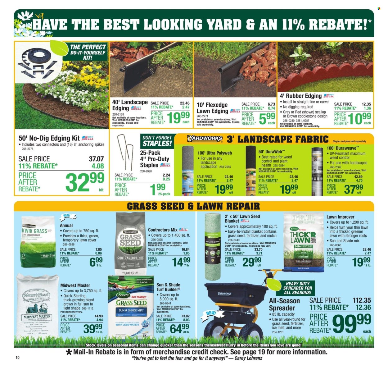 thumbnail - Menards Flyer - 04/25/2024 - 05/05/2024 - Sales products - scallops, water, pin, eraser, spreader, grass seed, fertilizer, turf builder, garden mulch, weed control, ice melter. Page 15.