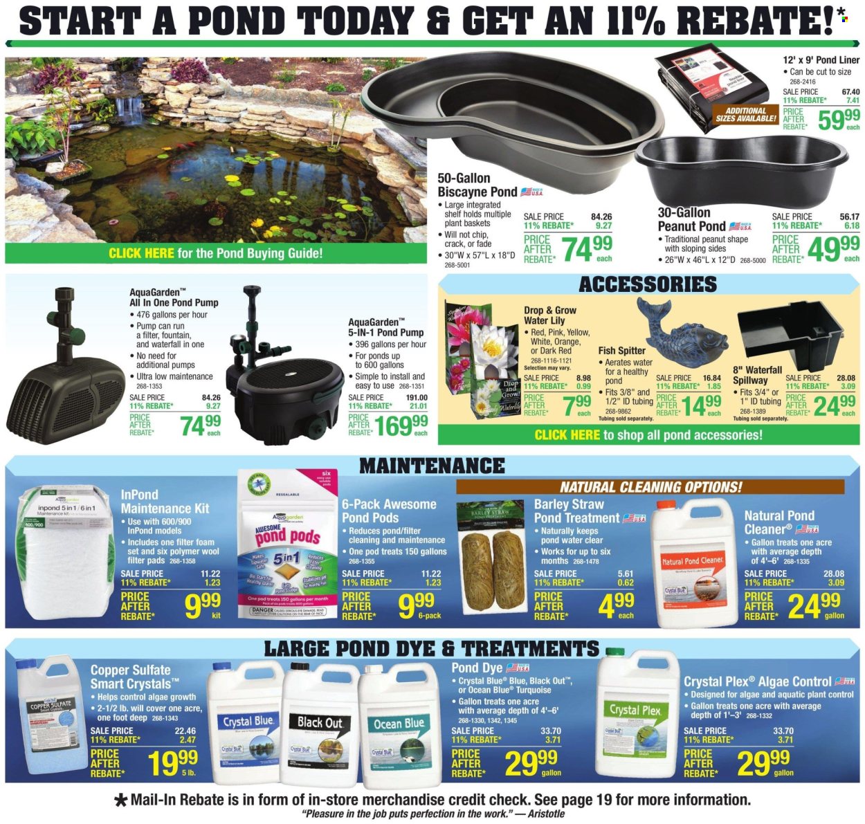 thumbnail - Menards Flyer - 04/25/2024 - 05/05/2024 - Sales products - water pump, fish, pads, cleaner, basket, gallon, safe, straw, shelves, pump, lily, pond liner. Page 18.