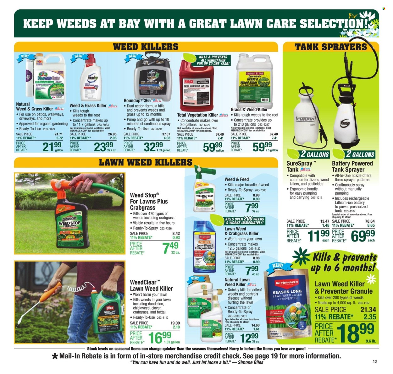 thumbnail - Menards Flyer - 04/25/2024 - 05/05/2024 - Sales products - Clover, gallon, tank, sprayer, Roundup. Page 19.