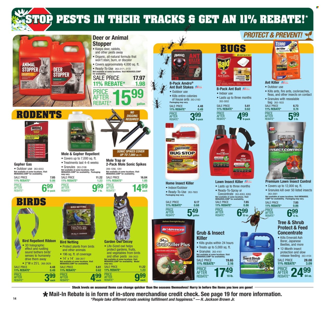 thumbnail - Menards Flyer - 04/25/2024 - 05/05/2024 - Sales products - bag, repellent, insecticide, insect killer, Raid, gallon, owl. Page 20.