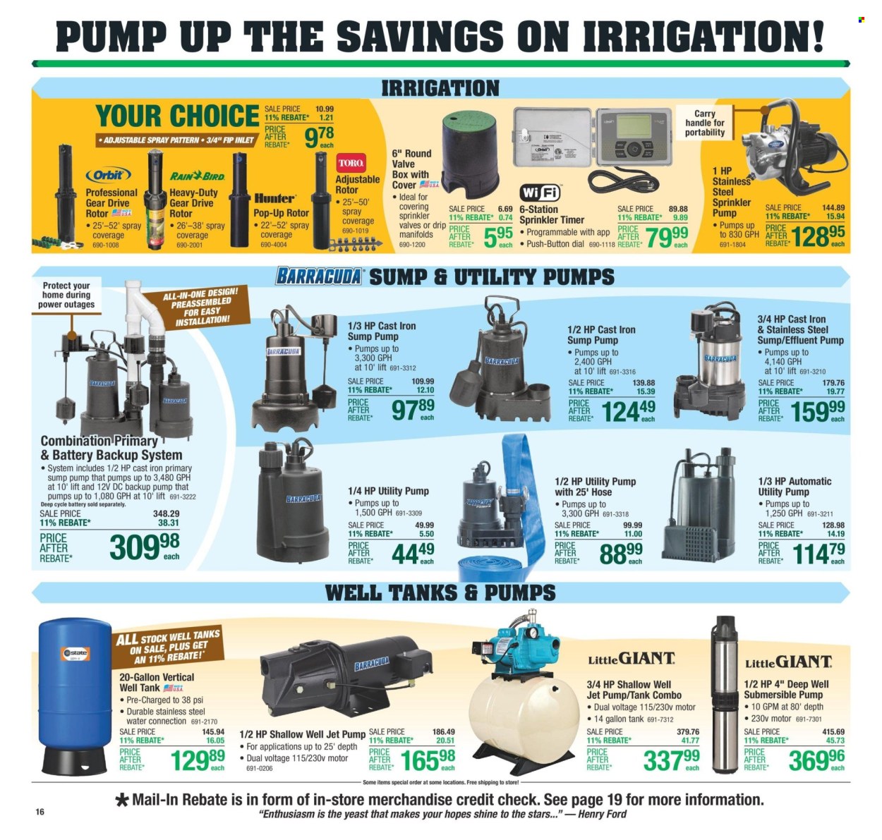 thumbnail - Menards Flyer - 04/25/2024 - 05/05/2024 - Sales products - yeast, Orbit, water, Jet, Dial, gallon, tank, hob, Hunter, garden sprinkler, deep cycle battery. Page 23.