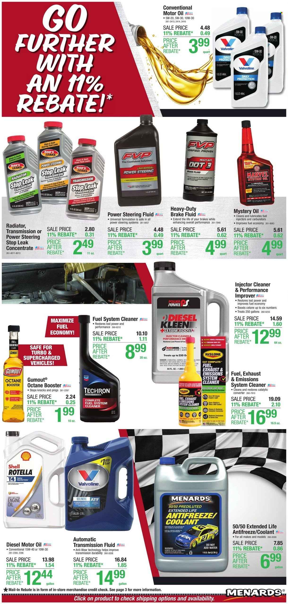 thumbnail - Menards Flyer - 04/25/2024 - 05/05/2024 - Sales products - tapas, Boost, cleaner, Marvel, plug, safe, radiator, o-rings, fuel system cleaner, injector cleaner, antifreeze, motor oil, Rotella, Shell, transmission fluid, Valvoline, brake fluid, Techron, steering fluid, Gumout. Page 2.