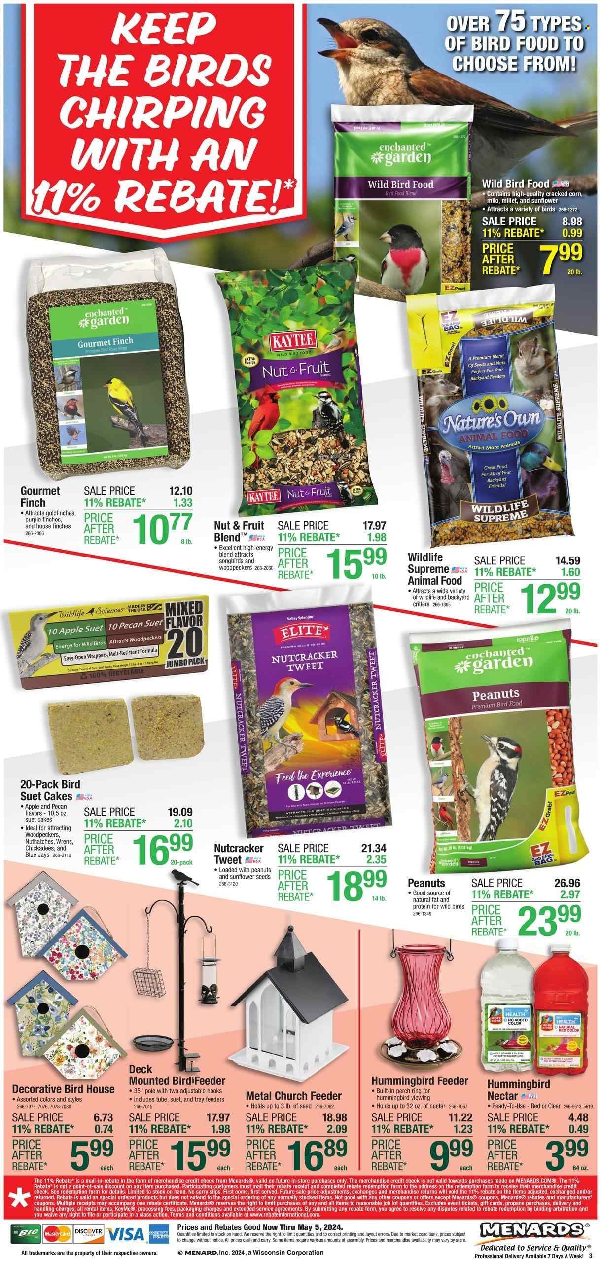 thumbnail - Menards Flyer - 04/25/2024 - 05/05/2024 - Sales products - cake, corn, perch, suet, sunflower seeds, birdhouse, bird feeder, Kaytee, animal food, bird food, suet cakes, christmas decor. Page 3.