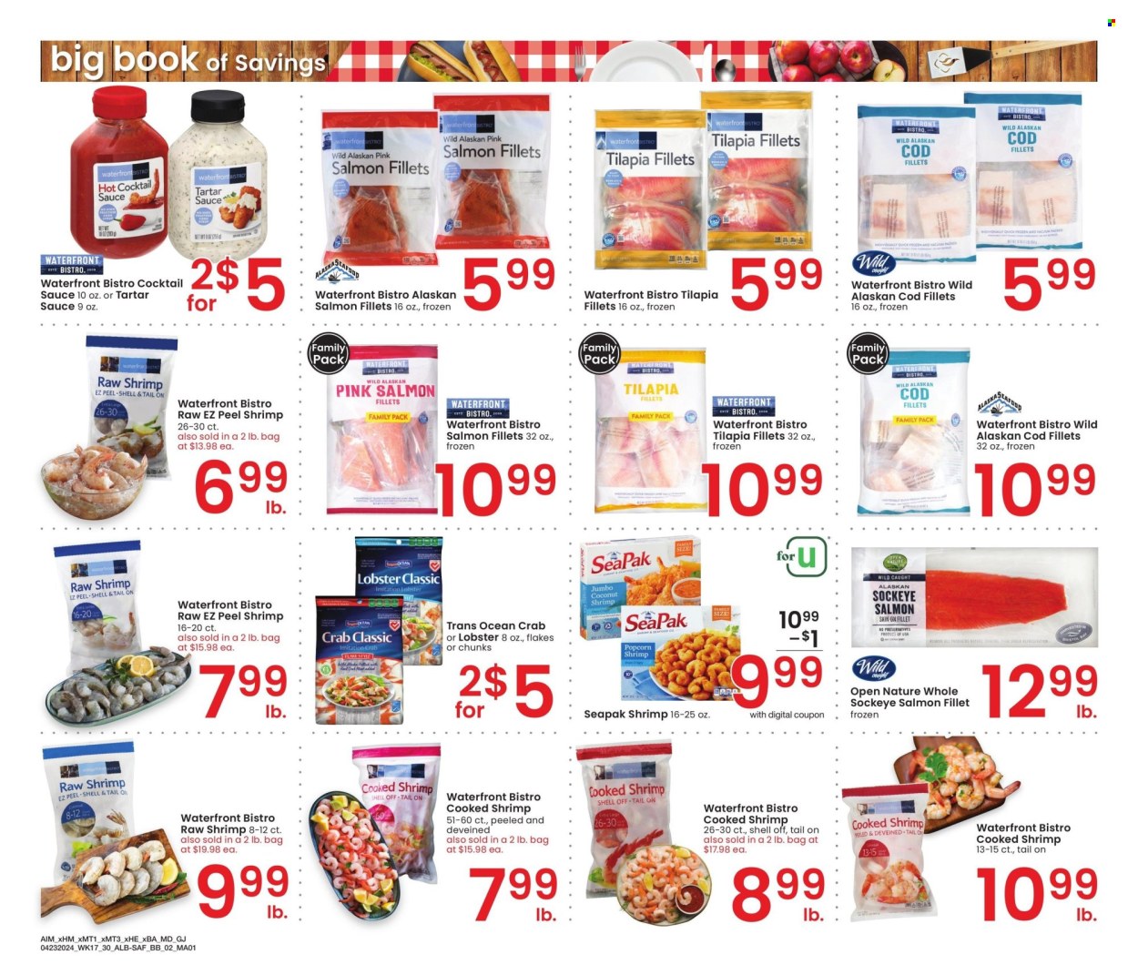 thumbnail - Albertsons Flyer - 04/23/2024 - 05/27/2024 - Sales products - lobster, crab, cod, fish fillets, seafood, shrimps, salmon, salmon fillet, tilapia, tartar sauce, cocktail sauce. Page 2.