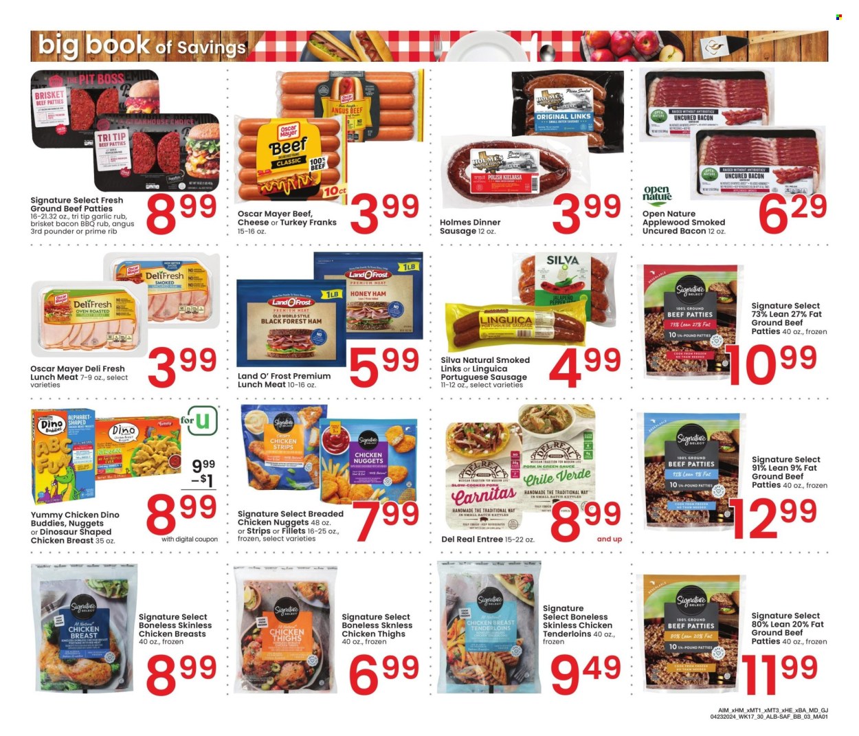 thumbnail - Albertsons Flyer - 04/23/2024 - 05/27/2024 - Sales products - burger patties, beef meat, ground beef, nuggets, chicken breasts, chicken, sausage, Oscar Mayer, sliced meat, lunch meat, bacon, chicken tenders, frankfurters, cheese, chicken nuggets, ready meal, breaded chicken, strips, chicken thighs. Page 3.