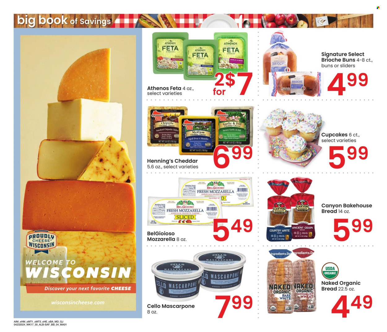 thumbnail - Albertsons Flyer - 04/23/2024 - 05/27/2024 - Sales products - buns, brioche, cheese, feta, cupcake, mozzarella, mascarpone, Cello, cheddar, bread. Page 4.