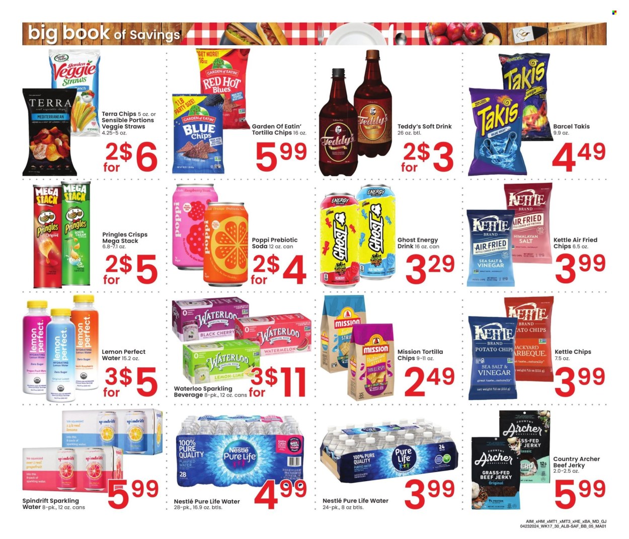 thumbnail - Albertsons Flyer - 04/23/2024 - 05/27/2024 - Sales products - water, tortilla chips, chips, salty snack, soda, Nestlé, Pure Life Water, beef jerky, jerky, Spindrift, sparkling water, veggie straws, soft drink, Pringles, crisps, Kettle chips, energy drink. Page 5.