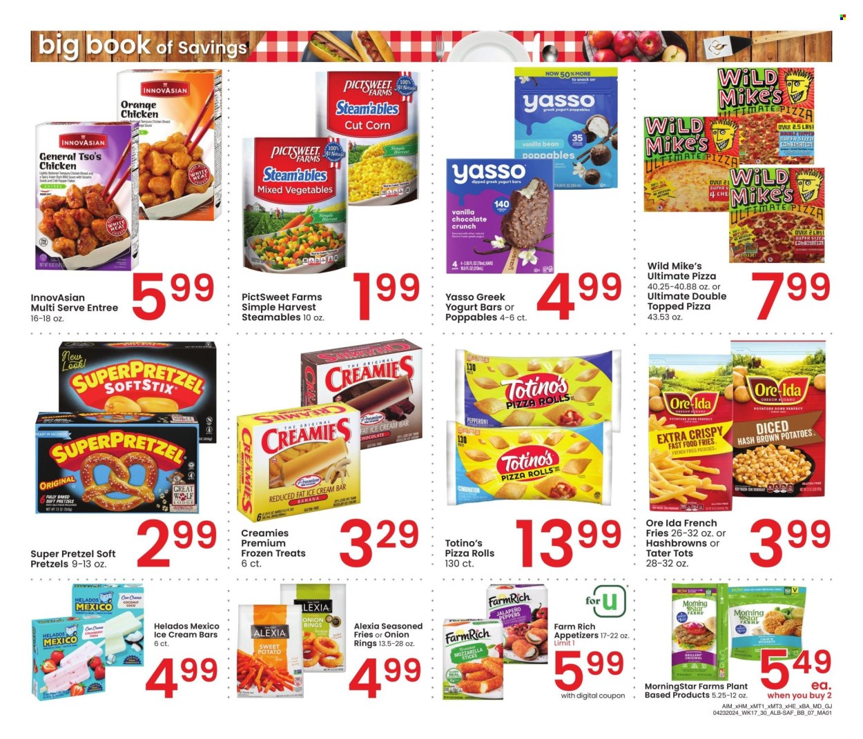 thumbnail - Albertsons Flyer - 04/23/2024 - 05/27/2024 - Sales products - pizza, ready meal, pizza rolls, onion rings, potato fries, pretzels, ice cream, ice cream bars, hash browns, french fries, Ore-Ida, tater tots, MorningStar Farms, greek yoghurt, bars, salty snack. Page 7.