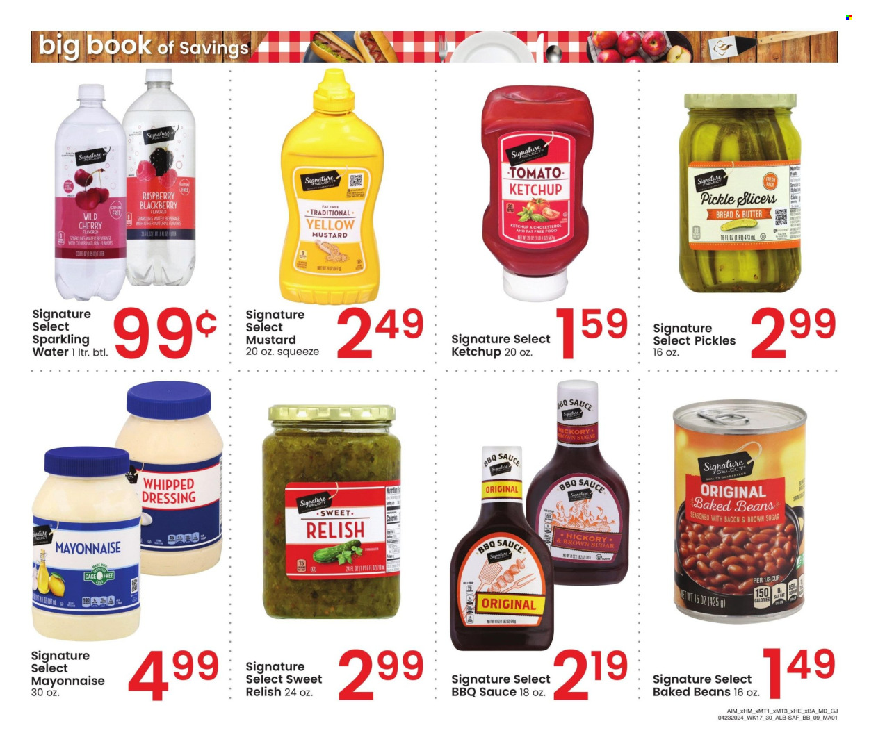 thumbnail - Albertsons Flyer - 04/23/2024 - 05/27/2024 - Sales products - sparkling water, water, BBQ sauce, sauce, mustard, ketchup, relish, beans, ready meal, baked beans, pickles, pickled vegetables, mayonnaise. Page 9.