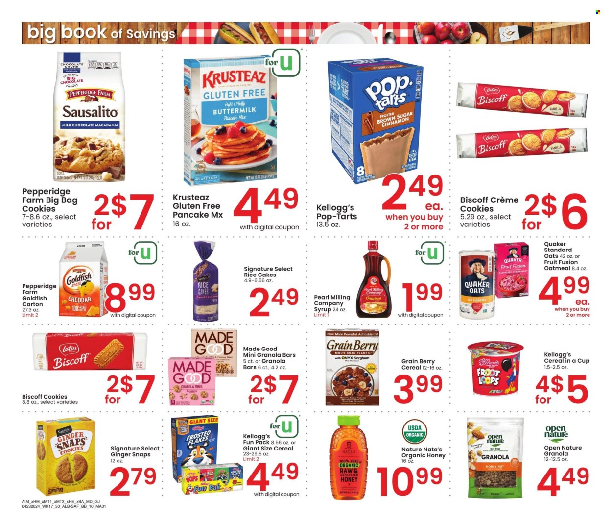 thumbnail - Albertsons Flyer - 04/23/2024 - 05/27/2024 - Sales products - rice cakes, syrup, Kellogg's, cereals, granola, honey, cookies, Goldfish, salty snack, Quaker, oatmeal, snack bar, breakfast bar, bars, granola bar, Pop-Tarts, bag. Page 10.