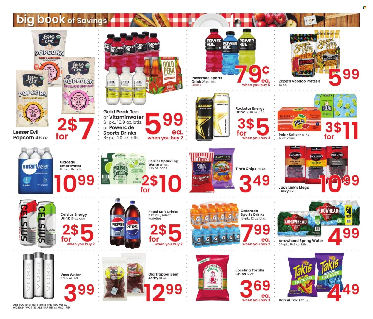 thumbnail - Albertsons Flyer - 04/23/2024 - 05/27/2024 - Sales products - energy drink, seltzer water, Pepsi, soft drink, carbonated soft drink, Gatorade, electrolyte drink, bottled water, Smartwater, water, chips, spring water, Powerade, ice tea, Gold Peak Tea, vitamin water, mineral water, Voss, popcorn, Perrier, sparkling water, pretzels, Rockstar, jerky, Jack Link's, tortilla chips, salty snack, beef jerky. Page 12.