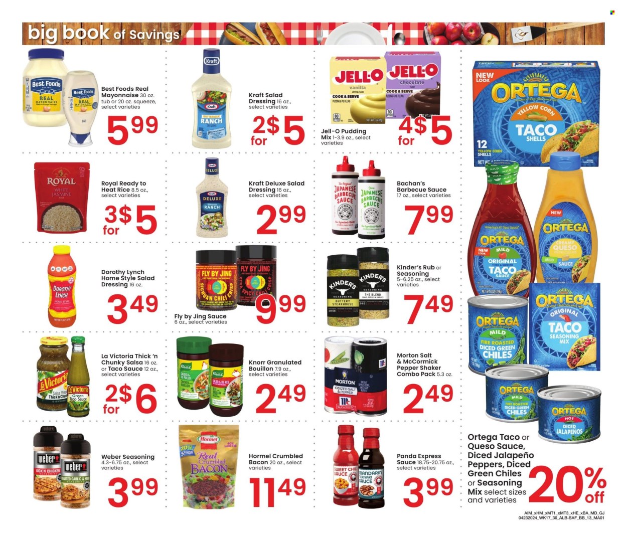 thumbnail - Albertsons Flyer - 04/23/2024 - 05/27/2024 - Sales products - pudding, Jell-O, taco sauce, salsa, sauce, jalapeño, canned vegetables, spice, seasoning, BBQ sauce, salad dressing, dressing, Knorr, bouillon, panda, pepper, pepper shaker, shaker, Weber, Hormel, bacon, Kraft®, rice, mayonnaise. Page 13.