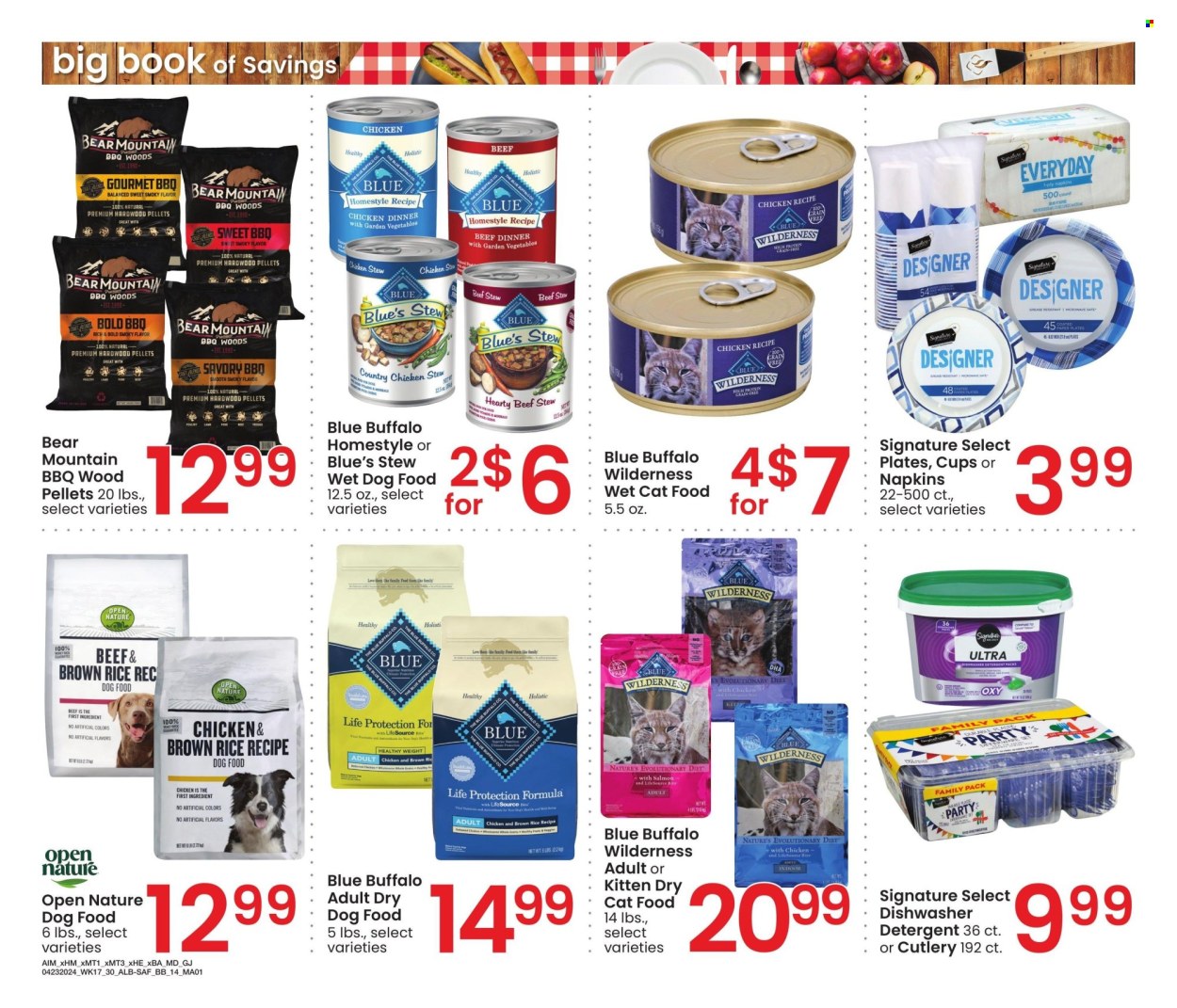 thumbnail - Albertsons Flyer - 04/23/2024 - 05/27/2024 - Sales products - animal food, dog food, Blue Buffalo, cat food, dry cat food, dry dog food, wet dog food, napkins, plate, cup, wet cat food, detergent, dishwasher cleaner. Page 14.
