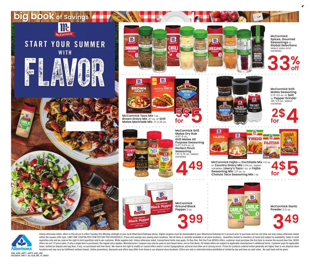 thumbnail - Albertsons Flyer - 04/23/2024 - 05/27/2024 - Sales products - gravy mix, marinade, spice, seasoning, Fajita seasoning, black pepper, salt, spice grinder, garlic powder. Page 15.