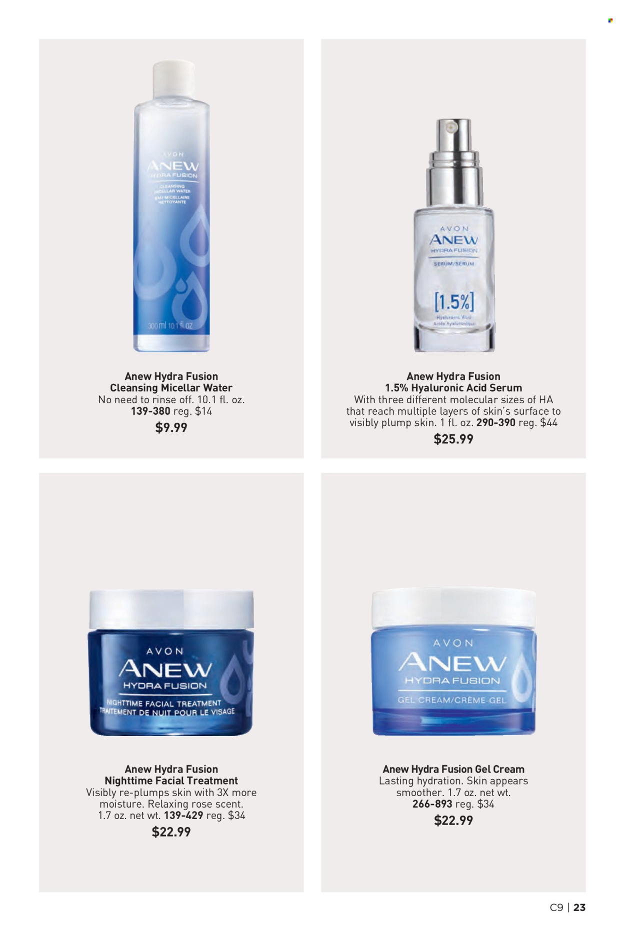 thumbnail - Avon Flyer - 04/24/2024 - 05/07/2024 - Sales products - Avon, Anew, gel cream, micellar water, serum, skin care product. Page 23.