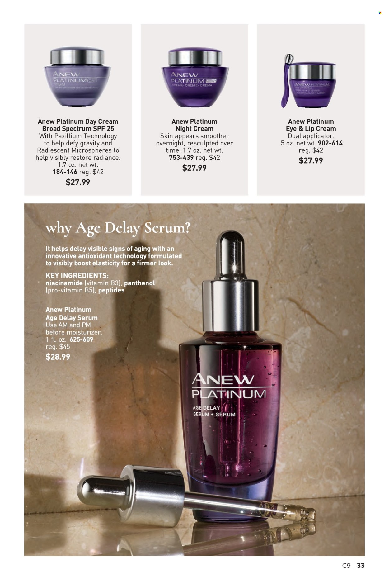thumbnail - Avon Flyer - 04/24/2024 - 05/07/2024 - Sales products - Anew, day cream, moisturizer, serum, night cream, Niacinamide. Page 33.
