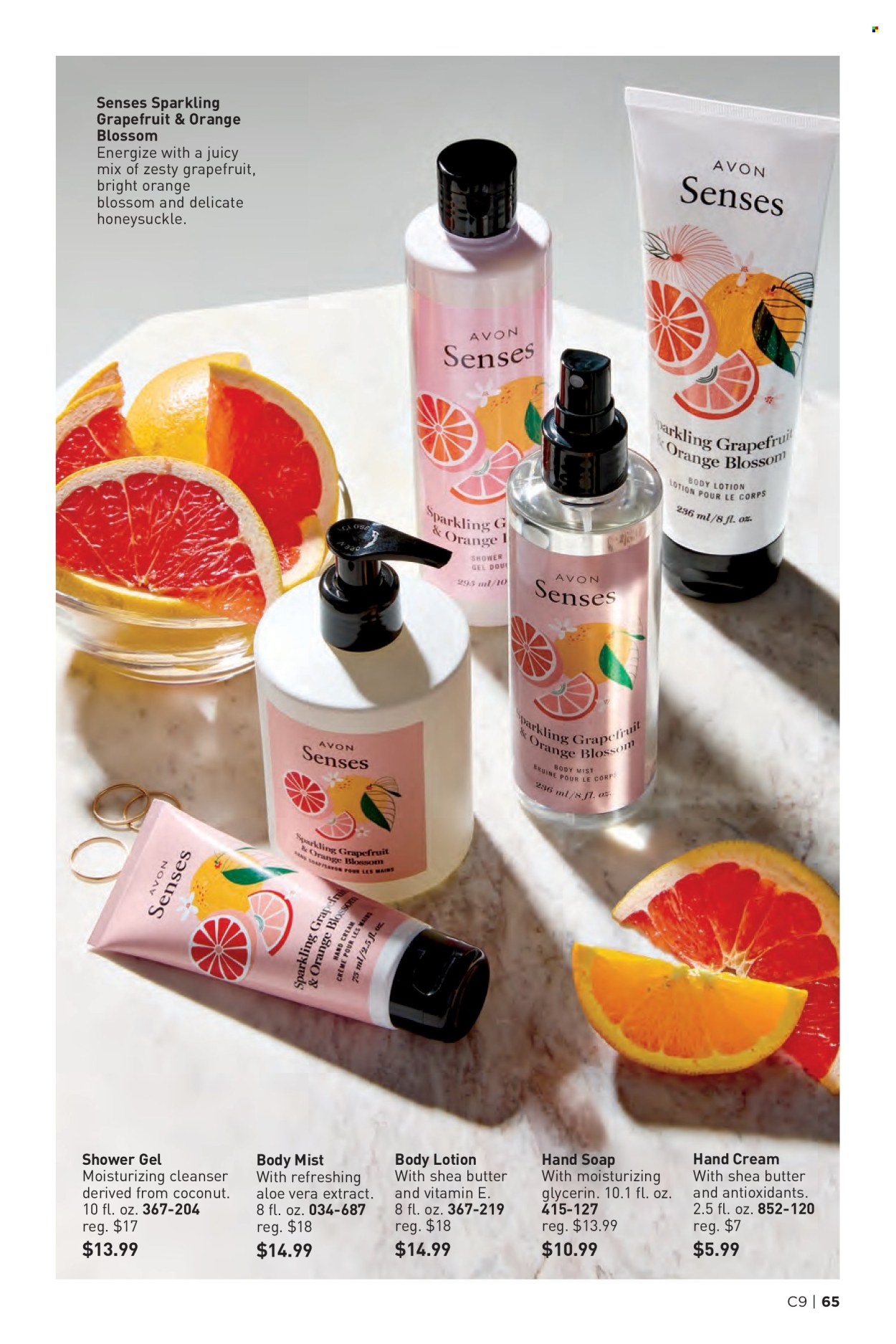thumbnail - Avon Flyer - 04/24/2024 - 05/07/2024 - Sales products - shower gel, hand soap, Avon, soap, cleanser, body lotion, body mist, hand cream. Page 65.