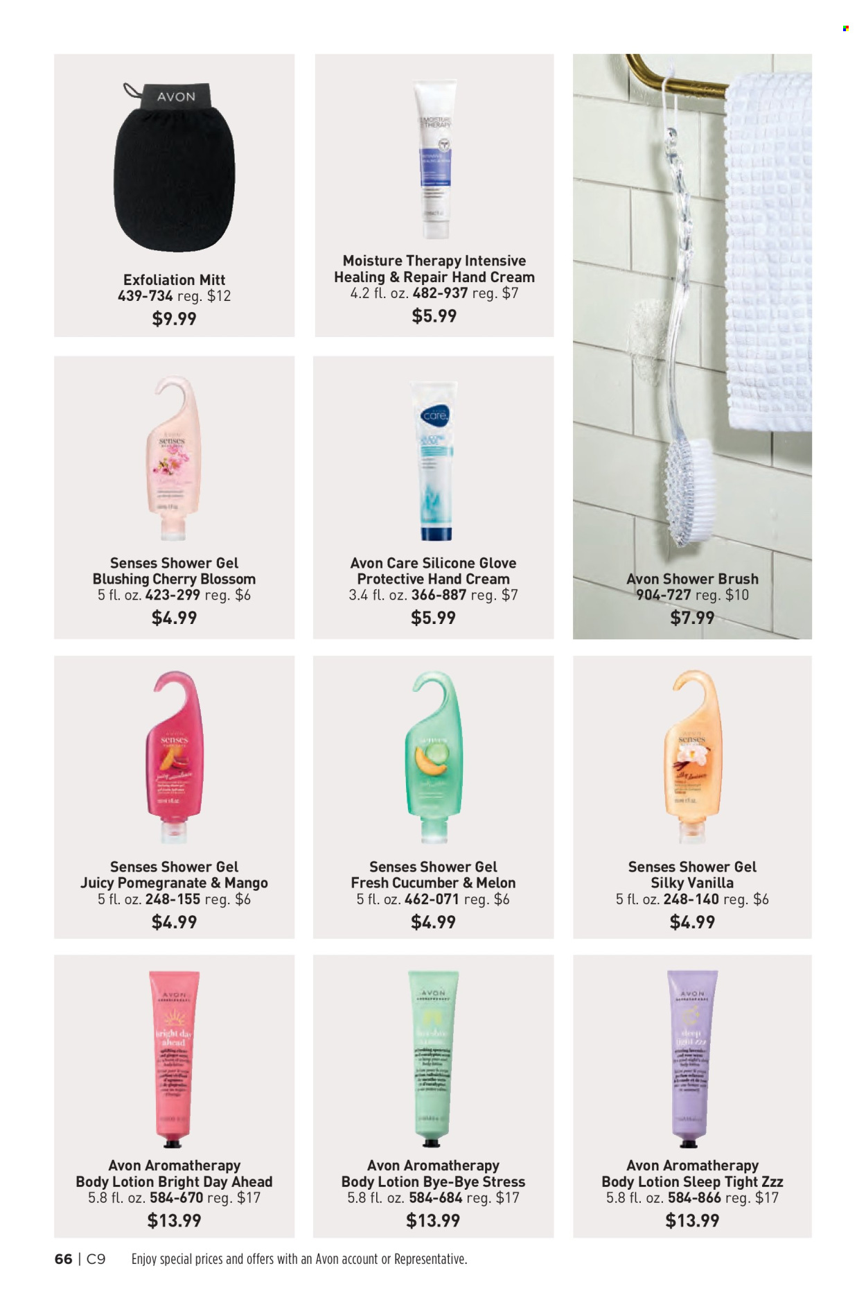 thumbnail - Avon Flyer - 04/24/2024 - 05/07/2024 - Sales products - shower gel, Avon, Moisture Therapy, body lotion, hand cream, brush. Page 66.