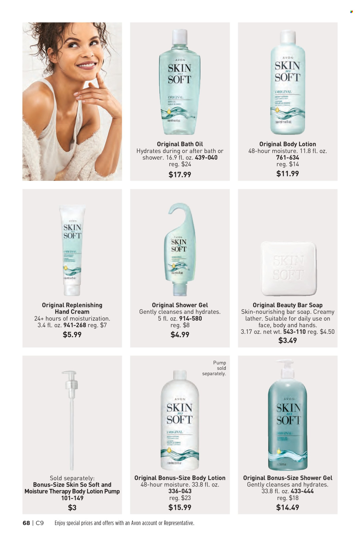 thumbnail - Avon Flyer - 04/24/2024 - 05/07/2024 - Sales products - bath oil, shower gel, Avon, soap bar, soap, Moisture Therapy, Skin So Soft, body lotion, hand cream. Page 68.