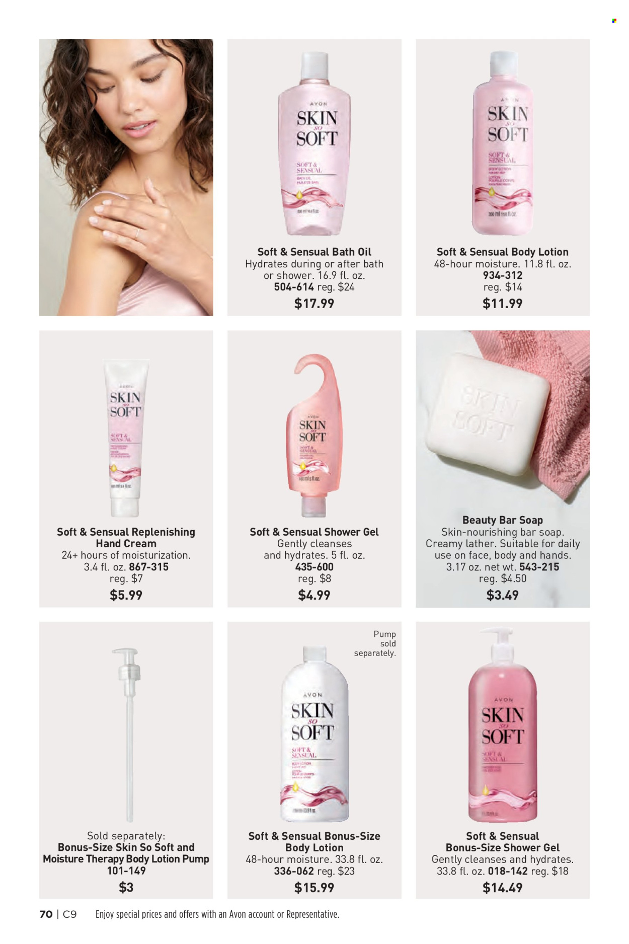 thumbnail - Avon Flyer - 04/24/2024 - 05/07/2024 - Sales products - bath oil, shower gel, Avon, soap bar, soap, Moisture Therapy, Skin So Soft, body lotion, hand cream. Page 70.