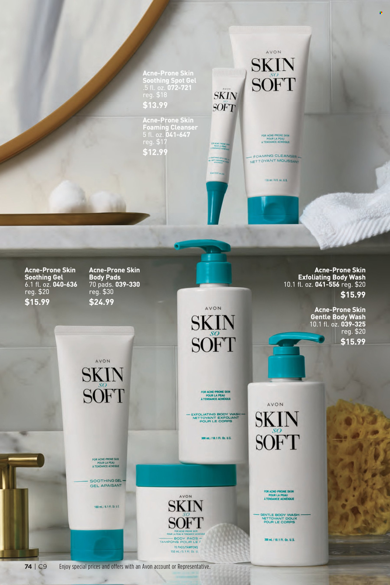 thumbnail - Avon Flyer - 04/24/2024 - 05/07/2024 - Sales products - pads, body wash, Avon, cleanser, Skin So Soft. Page 74.