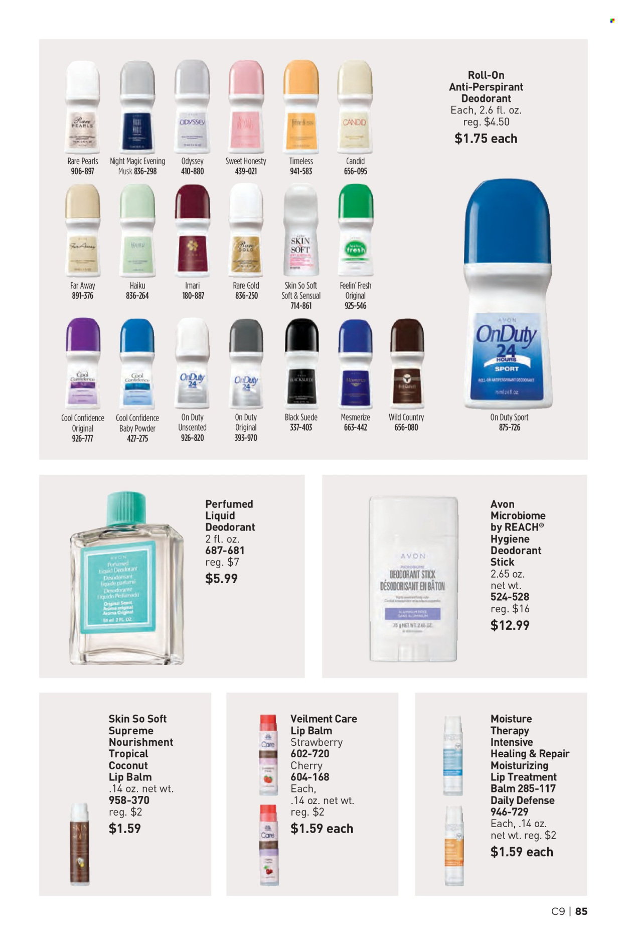thumbnail - Avon Flyer - 04/24/2024 - 05/07/2024 - Sales products - Avon, lip balm, Moisture Therapy, Skin So Soft, anti-perspirant, far away, roll-on, Imari, deodorant. Page 85.