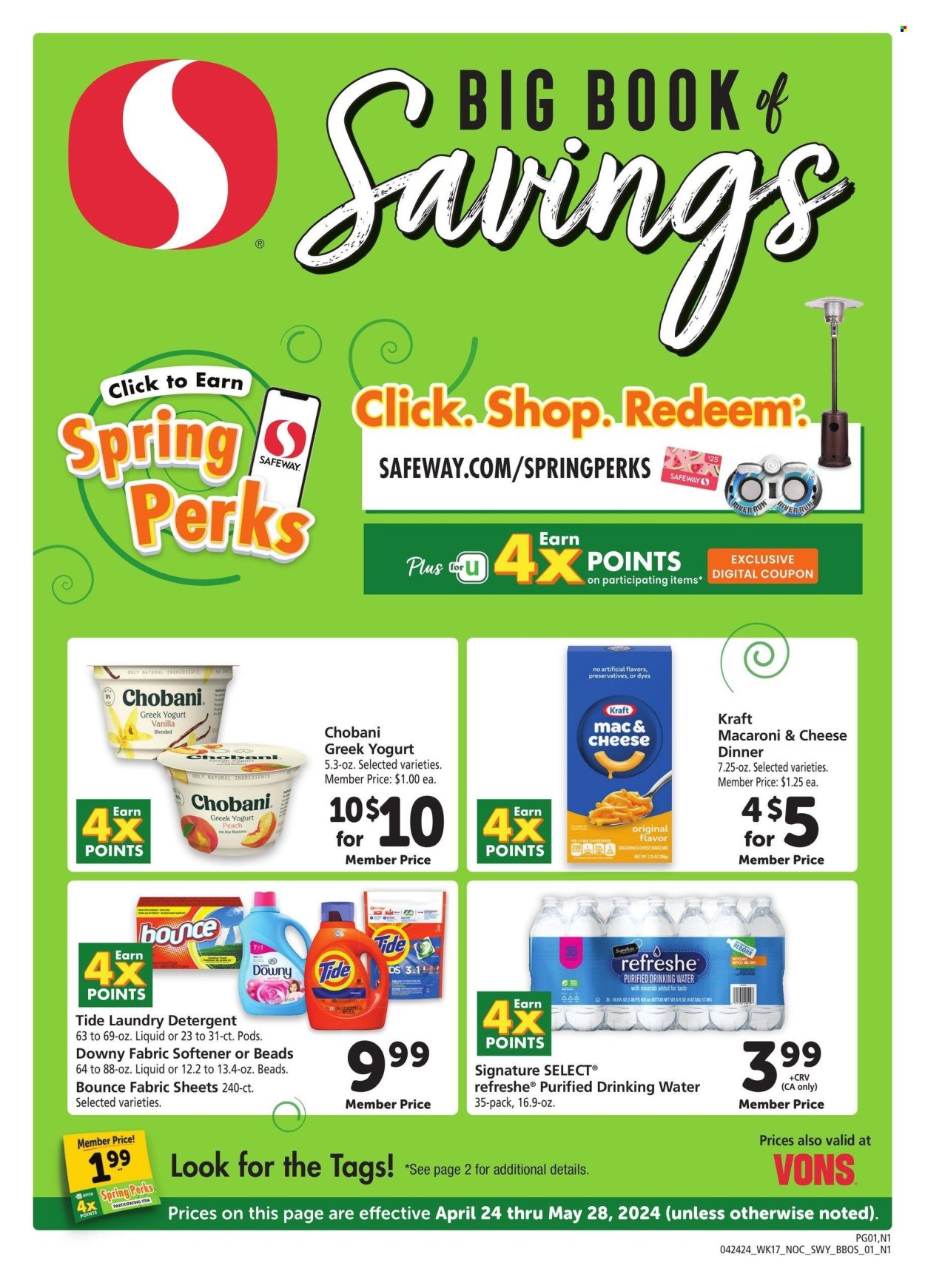 thumbnail - Safeway Flyer - 04/24/2024 - 05/28/2024 - Sales products - macaroni & cheese, pasta, Kraft®, ready meal, greek yoghurt, yoghurt, Chobani, purified water, water, detergent, Tide, fabric softener, laundry detergent, Bounce, Downy Laundry. Page 1.