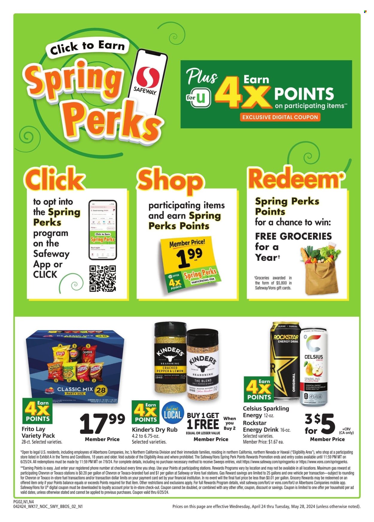 thumbnail - Safeway Flyer - 04/24/2024 - 05/28/2024 - Sales products - pears, Fuji apple, cheese, Doritos, Fritos, Cheetos, Lay’s, Frito-Lay, salty snack, sugar, salt, spice, seasoning, energy drink, Rockstar, vehicle. Page 2.