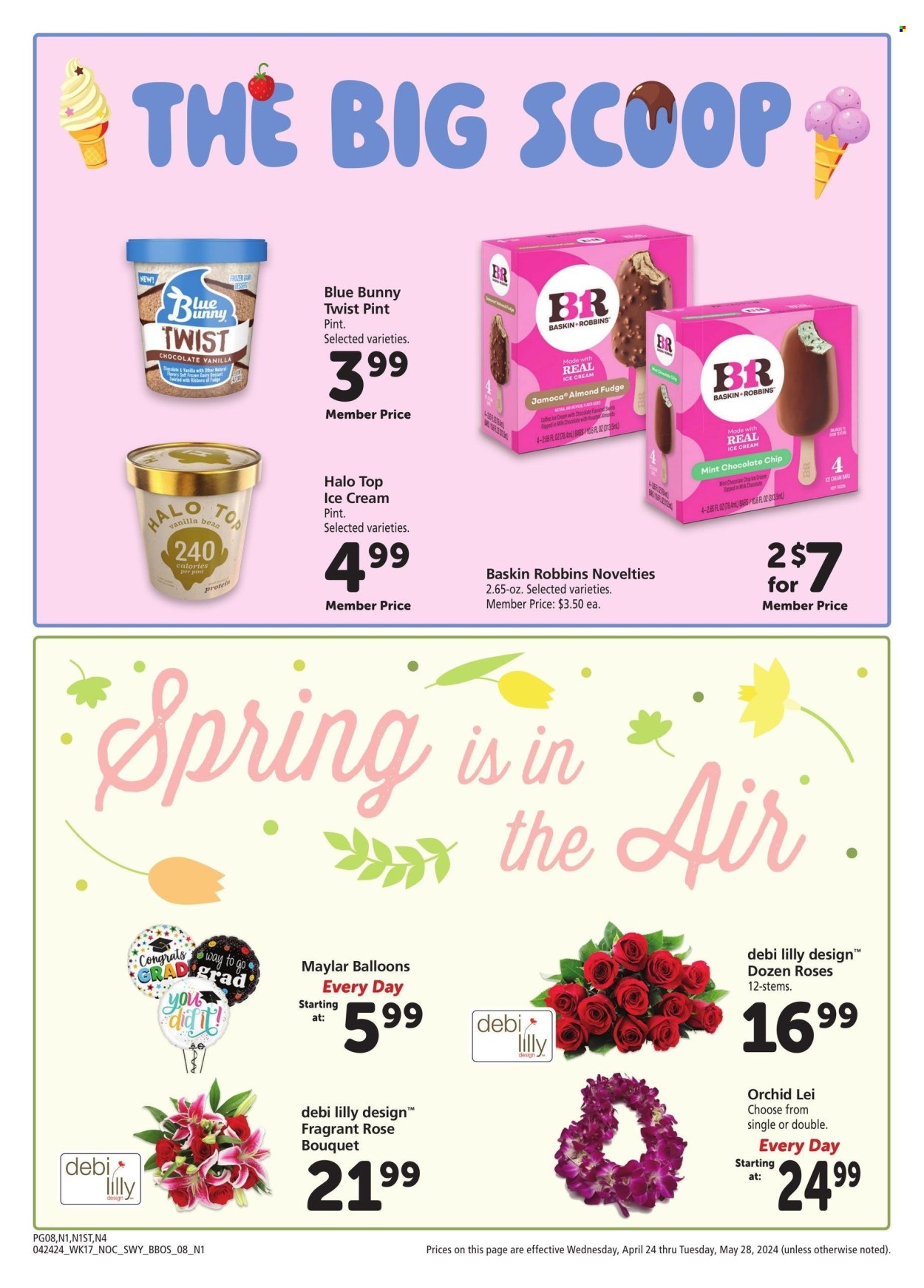 thumbnail - Safeway Flyer - 04/24/2024 - 05/28/2024 - Sales products - dessert, ice cream bars, Blue Bunny, frozen dessert, milk chocolate, almonds, balloons, bouquet, houseplant, rose, orchid. Page 8.