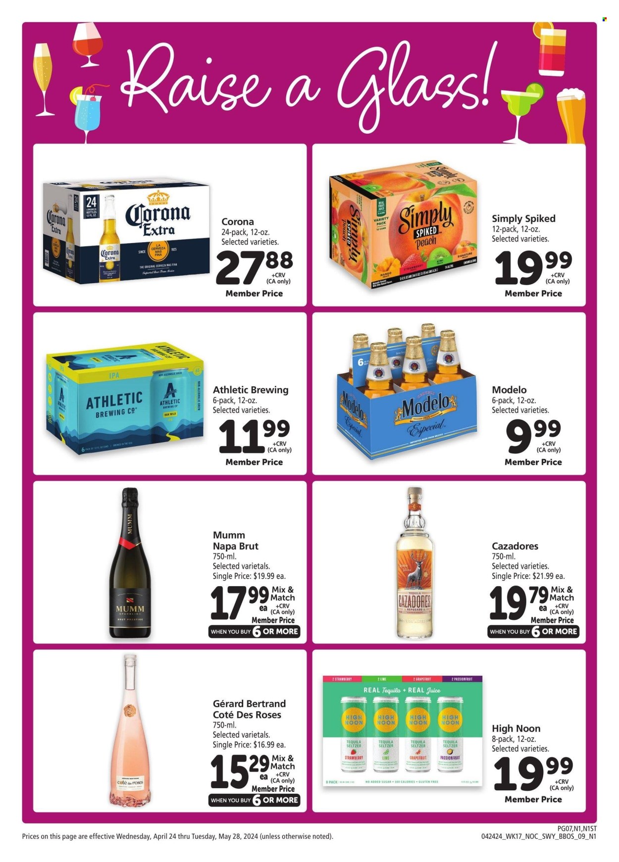 thumbnail - Safeway Flyer - 04/24/2024 - 05/28/2024 - Sales products - grapefruits, kiwi, lemonade, seltzer water, sparkling wine, tequila, Hard Seltzer, beer, Corona Extra, IPA, Modelo, rose. Page 9.