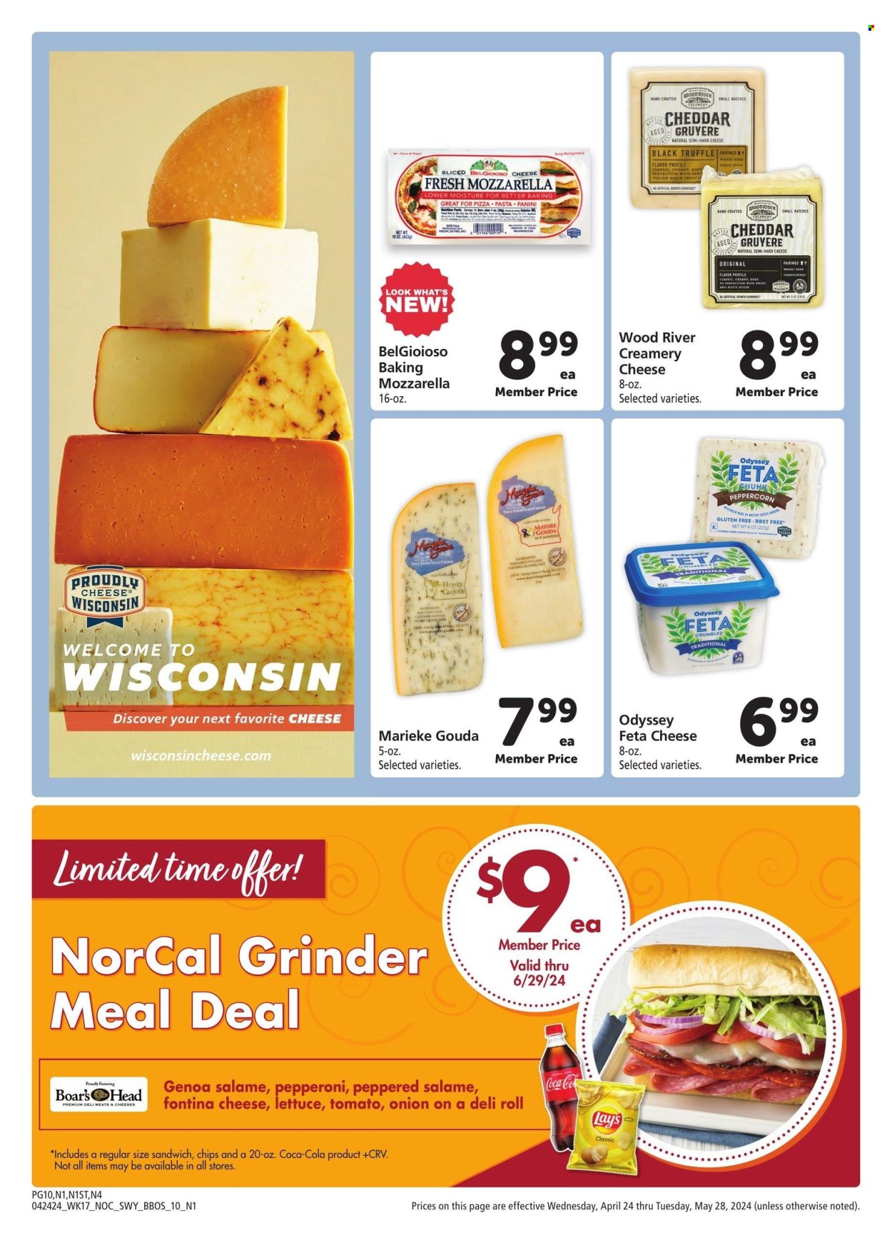 thumbnail - Safeway Flyer - 04/24/2024 - 05/28/2024 - Sales products - panini, lettuce, sandwich, pasta, Boar's Head, salami, Fontina, gouda, Gruyere, cheese, feta, milk, Lay’s, honey, soft drink, carbonated soft drink, white wine, Chardonnay, wine, alcohol, beer, wheat beer. Page 10.