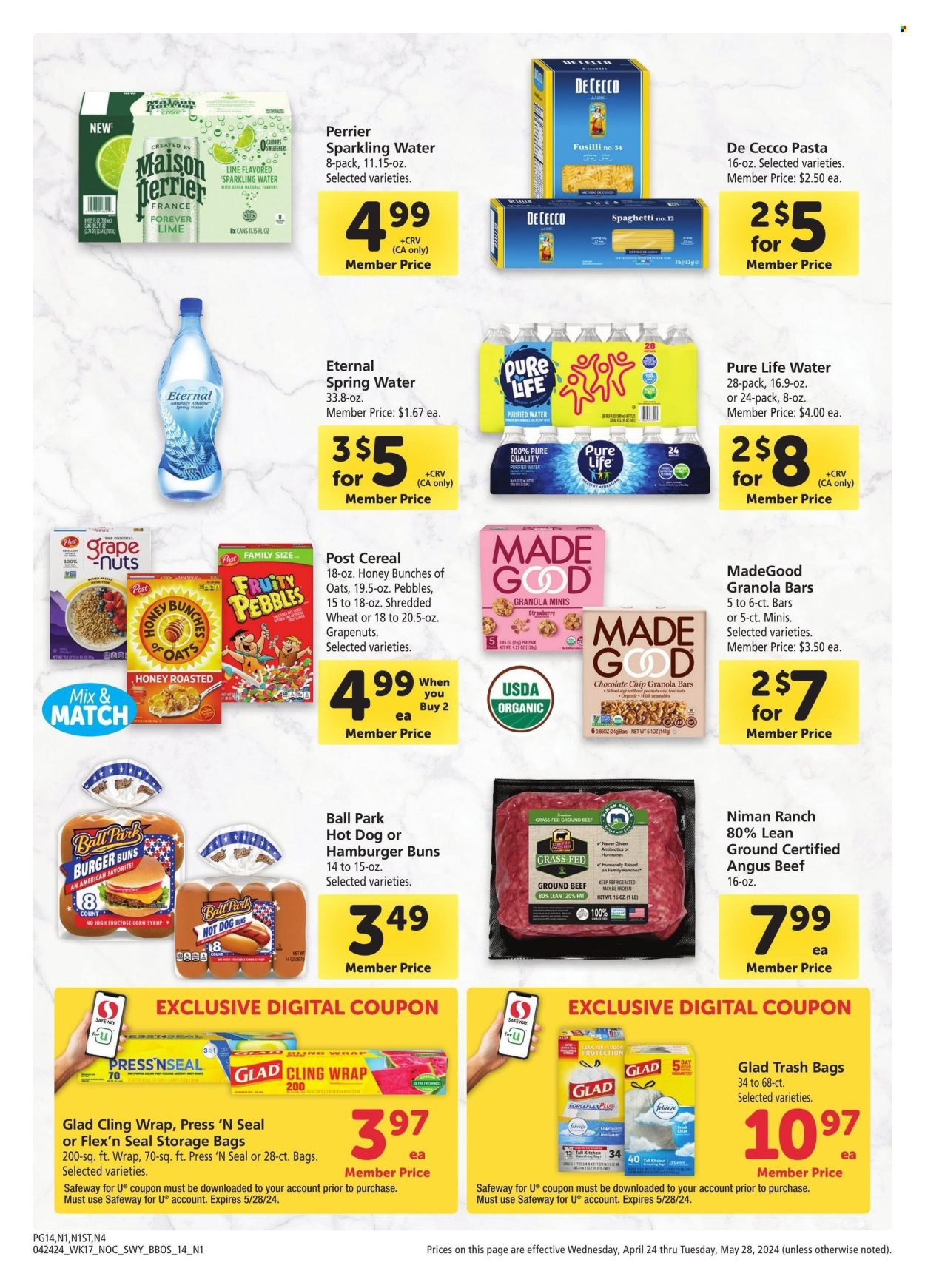 thumbnail - Safeway Flyer - 04/24/2024 - 05/28/2024 - Sales products - hot dog rolls, buns, burger buns, Fruity Pebbles, beef meat, ground beef, spaghetti, pasta, snack bar, breakfast bar, bars, cereals, granola bar, fusilli, corn syrup, peanuts, Perrier, spring water, sparkling water, bottled water, purified water, Pure Life Water, water, Febreze, trash bags, storage bag, clingwrap. Page 14.