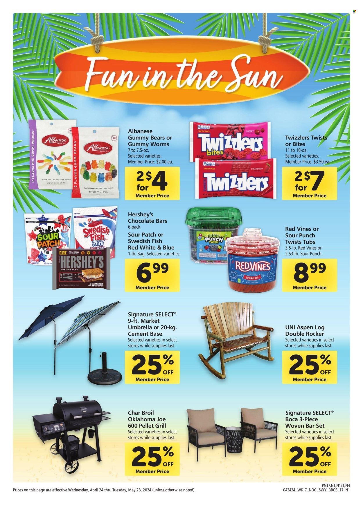 thumbnail - Safeway Flyer - 04/24/2024 - 05/28/2024 - Sales products - Hershey's, milk chocolate, jelly candy, Sour Patch, chocolate bar, Candy, Red Vines, sweets, gummies, grill, pellet grill. Page 17.