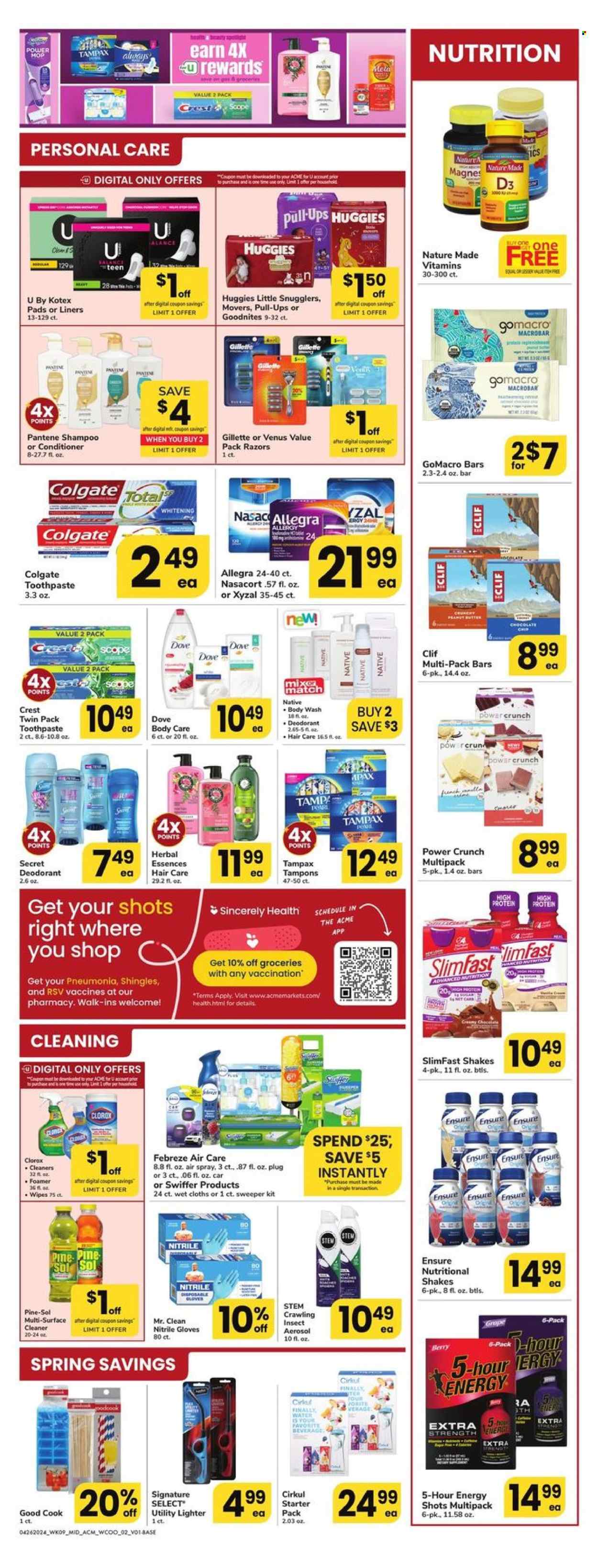 thumbnail - ACME Flyer - 04/26/2024 - 05/16/2024 - Sales products - Slimfast, shake, probiotic drink, Dove, bars, energy shot, wipes, Huggies, nappies, body care, Febreze, cleaner, Clorox, Pine-Sol, Swiffer, body wash, shampoo, hair products, Colgate, toothpaste, Crest, Tampax, sanitary pads, Kotex, Kotex pads, tampons, conditioner, Pantene, Herbal Essences, deodorant, Gillette, razor, Venus, gloves, mop, disposable gloves, cloths, air freshener, Nature Made, nutritional supplement, vitamin D3, dietary supplement, allergy control, vitamins. Page 2.