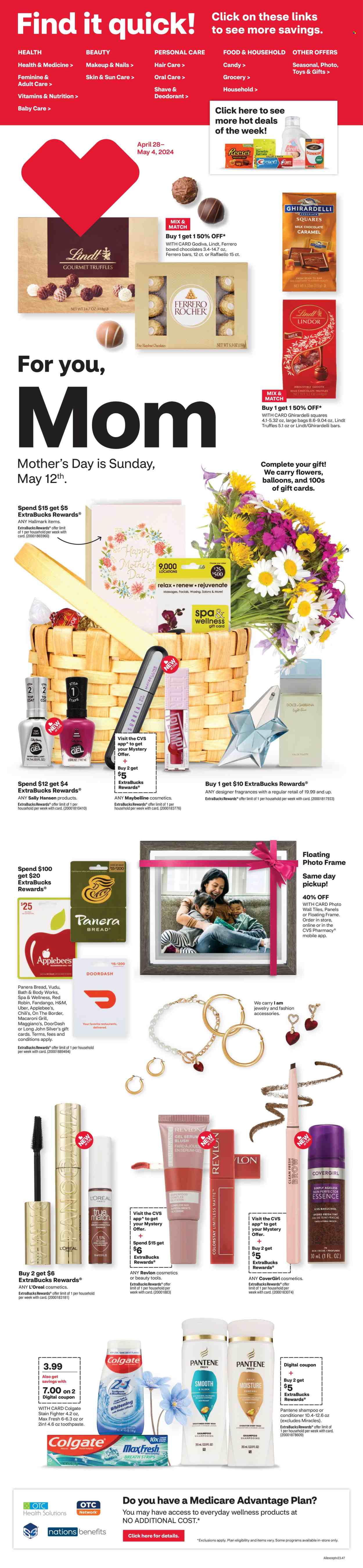 thumbnail - CVS Pharmacy Flyer - 04/28/2024 - 05/04/2024 - Sales products - macaroni, pasta, chocolate, Lindt, Ferrero Rocher, Godiva, Ghirardelli, chocolate bar, bars, shampoo, Colgate, toothpaste, L’Oréal, CoverGirl, conditioner, Revlon, Pantene, fragrance, cosmetic accessory, bag, photo frame, balloons, Maybelline, decorative cosmetic. Page 1.