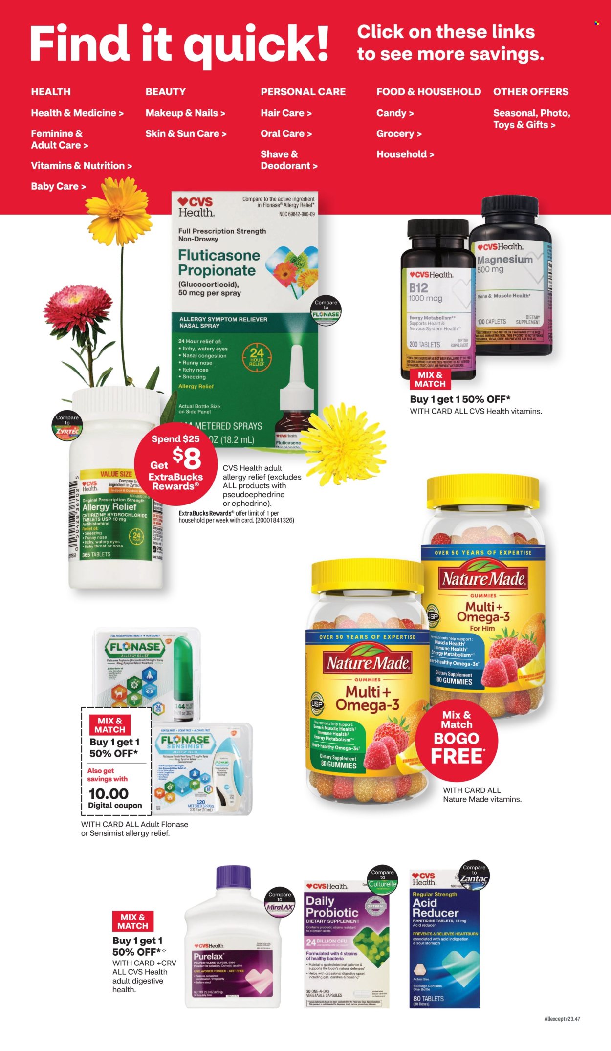 thumbnail - CVS Pharmacy Flyer - 04/28/2024 - 05/04/2024 - Sales products - hair products, Purelax, sun care, deodorant, Culturelle, magnesium, MiraLAX, Nature Made, Zantac, Zyrtec, probiotics, Omega-3, laxative, nasal spray, allergy relief, dietary supplement, medicine, allergy control, vitamins, makeup. Page 2.