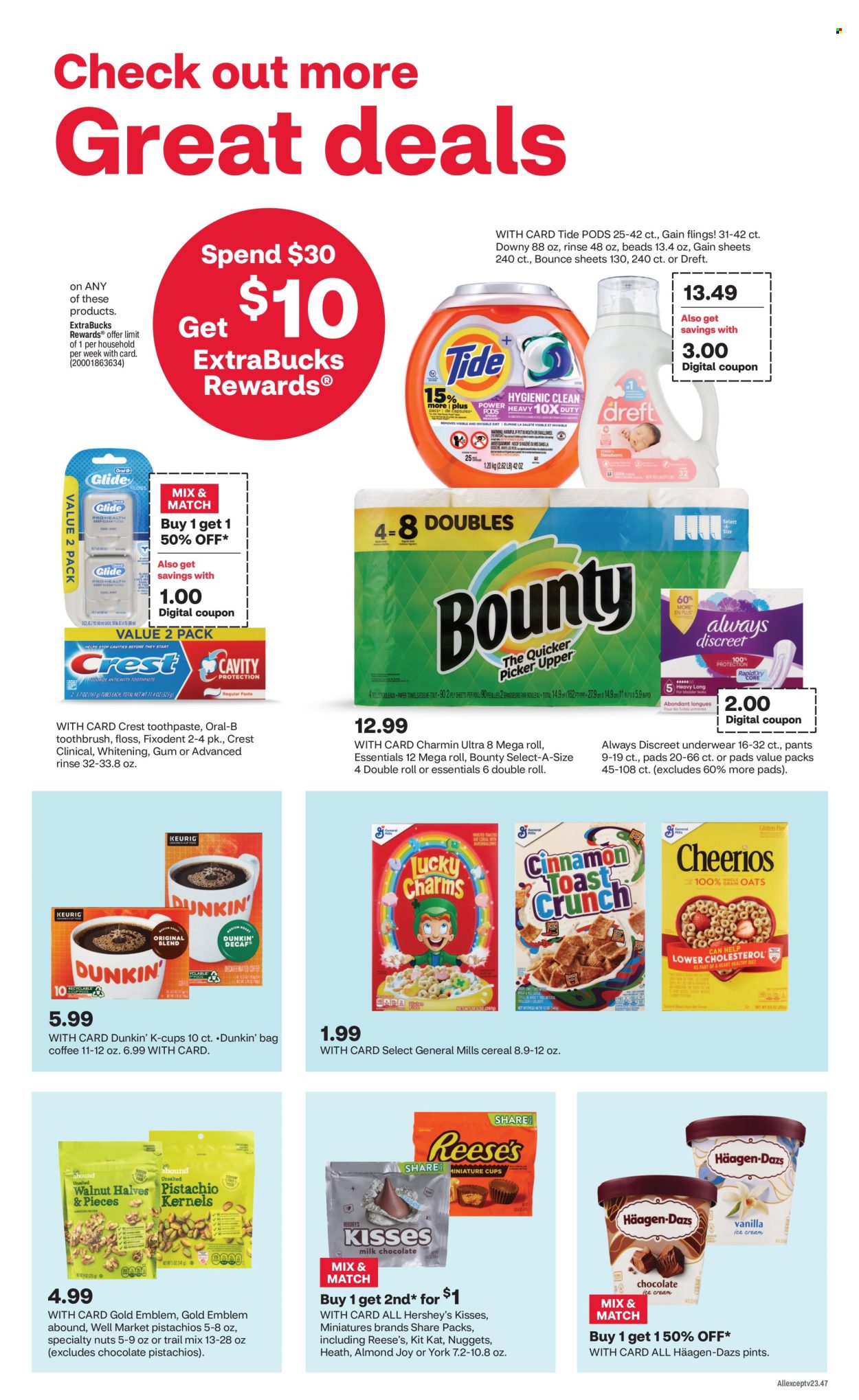 thumbnail - CVS Pharmacy Flyer - 04/28/2024 - 05/04/2024 - Sales products - nuggets, ice cream, Reese's, Hershey's, Häagen-Dazs, chocolate, Bounty, KitKat, General Mills, cereals, pistachios, trail mix, coffee capsules, K-Cups, pants, Charmin, pads, Gain, Tide, laundry detergent, Bounce, dryer sheets, Joy, toothbrush, Oral-B, toothpaste, Fixodent, Crest, Always Discreet. Page 3.