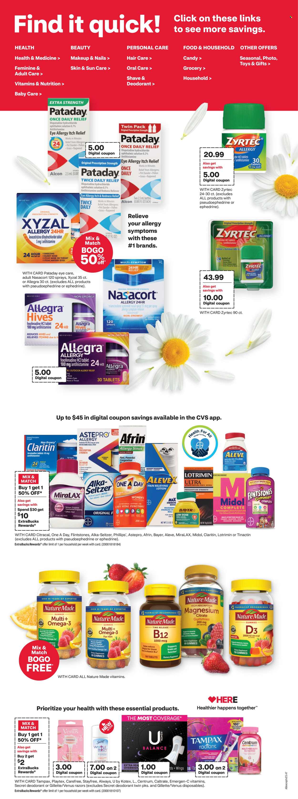 thumbnail - CVS Pharmacy Flyer - 04/28/2024 - 05/04/2024 - Sales products - Stayfree, Tampax, Playtex, Carefree, Kotex, deodorant, Gillette, razor, Venus, Afrin, Aleve, MiraLAX, Nature Made, Zyrtec, Alka-seltzer, Emergen-C, Centrum, Bayer, nasal spray, dietary supplement, health supplement, Claritin, Pataday, allergy control, pain therapy, vitamins. Page 4.